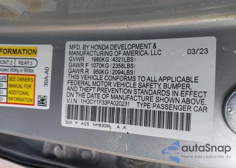 2023 Honda Accord Ex from USA, damaged, VIN 1HGCY1F33PA020231